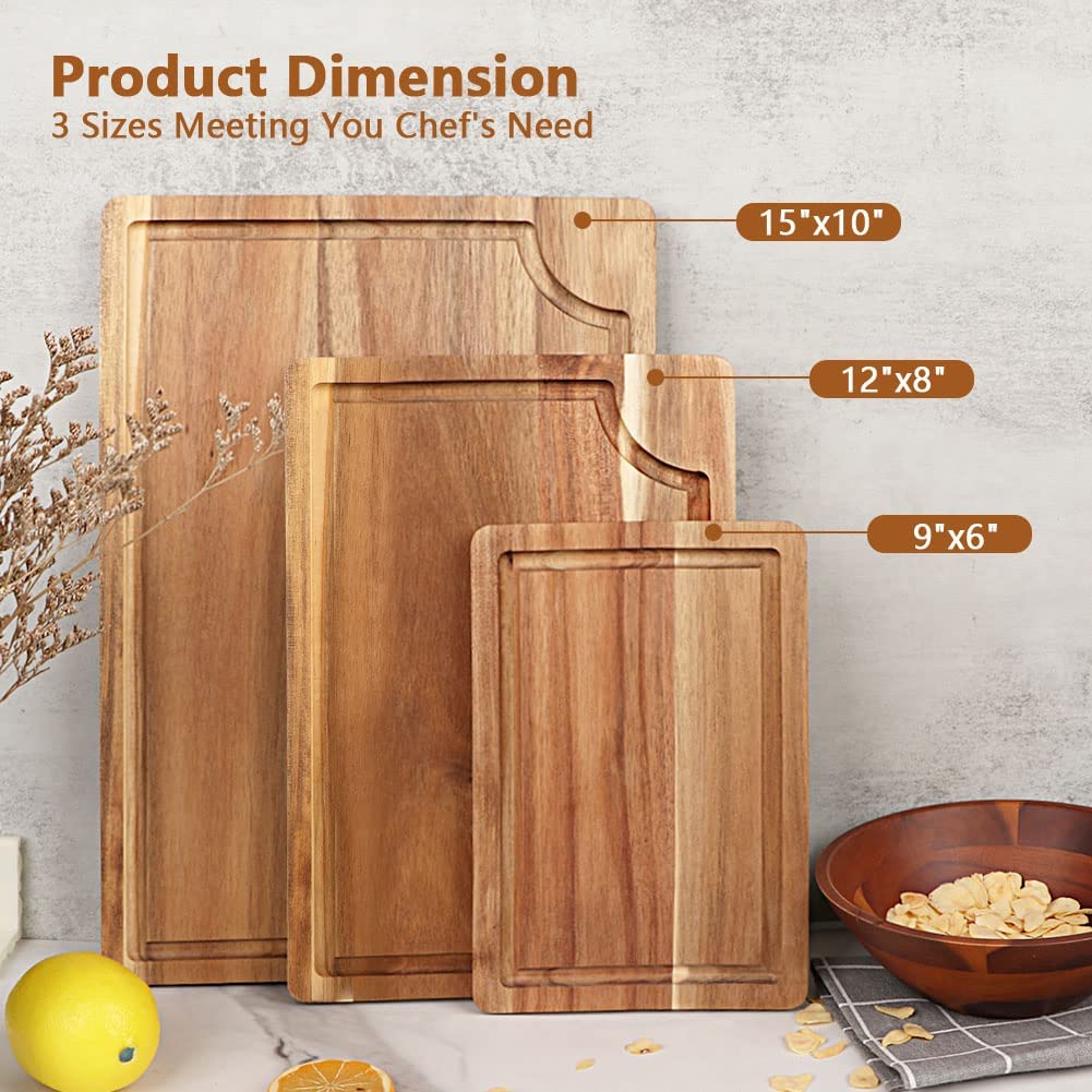 Acacia Wood Cutting Board Set with Juice Groove (3 Pieces)